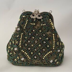 Beaded Olive Green Evening Clutch with Metallic Accents NWOT